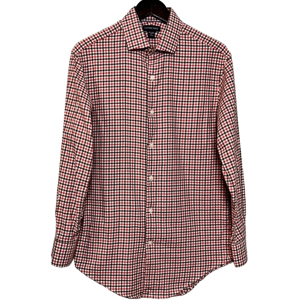 LANDS' END Tailored Fit Brown Red Check Print ButtonUp Shirt‎ Size 15.5 Casual